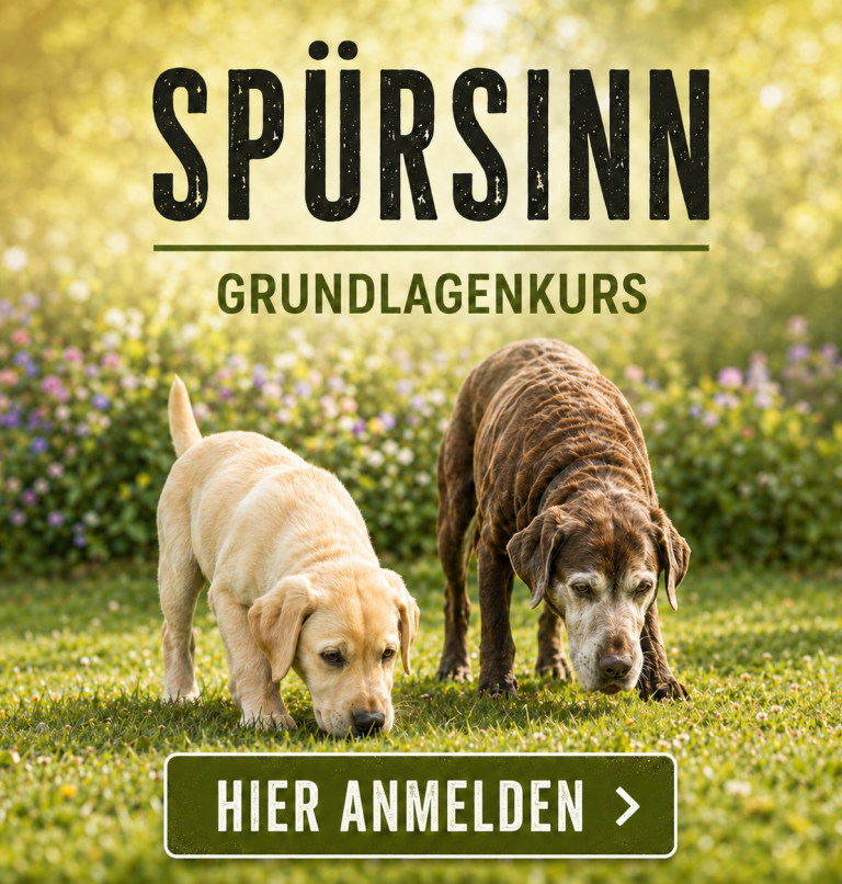 Zwei Hunde, ein Welpe und ein älterer Hund, schnüffeln auf einer Wiese.