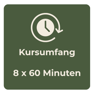 Kursumfang: 8 Einheiten à 60 Minuten, grafisch mit Uhrsymbol dargestellt.