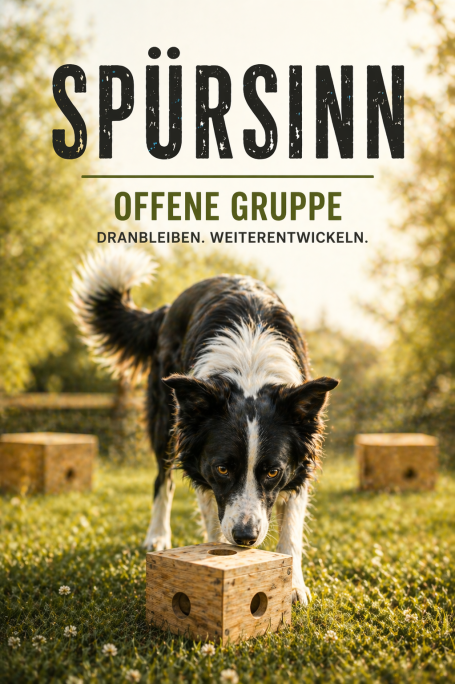 Ein Border Collie schnüffelt an einem Holzblock im Freien, umgeben von Natur.