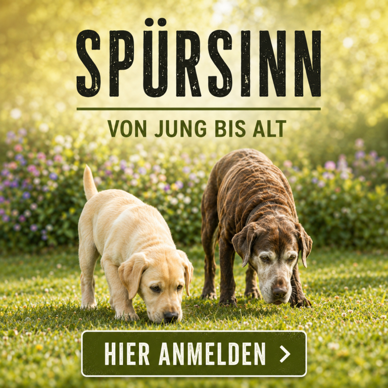 Zwei Hunde, ein junger und ein älterer, schnüffeln auf einer blühenden Wiese.