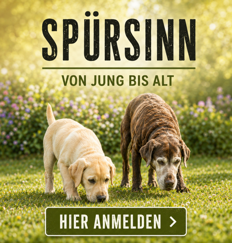 Zwei Hunde, ein Welpe und ein älterer Hund, schnüffeln auf einer Wiese.