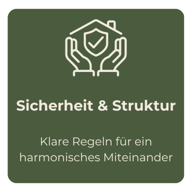 Symbol von Händen, die ein Haus halten, mit dem Text „Sicherheit & Struktur“.