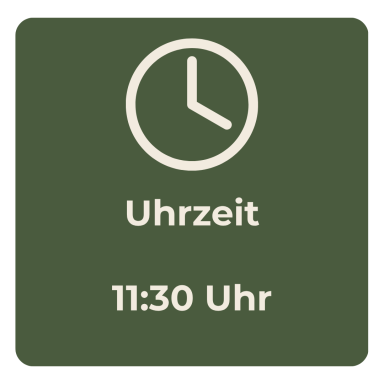 Uhrzeit: 11:30 Uhr, abgebildet mit Uhrensymbol auf grünen Hintergrund.