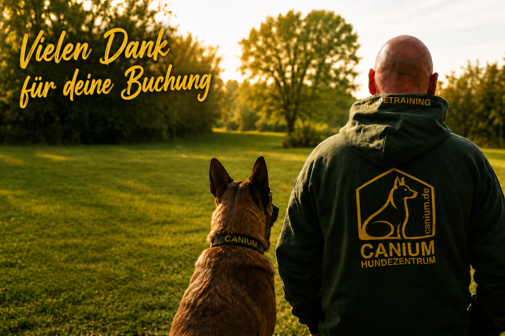 Mann mit Hund in der Natur, Sonnenuntergang im Hintergrund, Dankesbotschaft sichtbar.