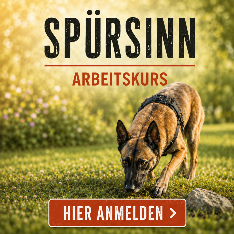Hund schnüffelt auf einer grünen Wiese, Umgeben von Blumen, mit Kursinformationen.