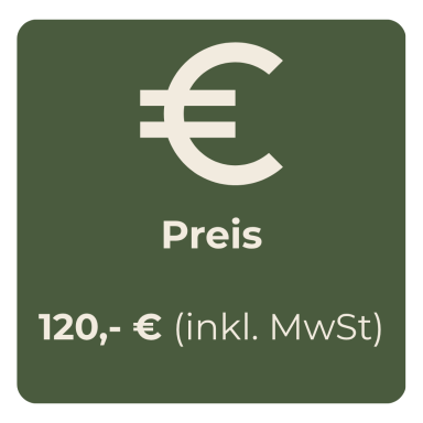 Preisschild mit einem Betrag von 120 Euro, inklusive Mehrwertsteuer.