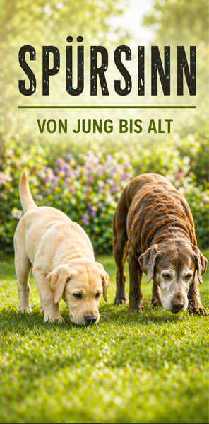 Zwei Hunde, ein Welpe und ein älterer Hund, schnüffeln im Gras mit blühenden Pflanzen.