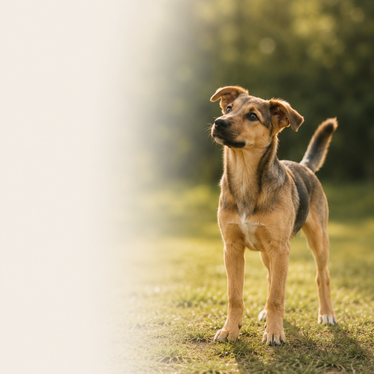Ein brauner Hund steht auf einer Wiese, schaut aufmerksam in die Ferne.