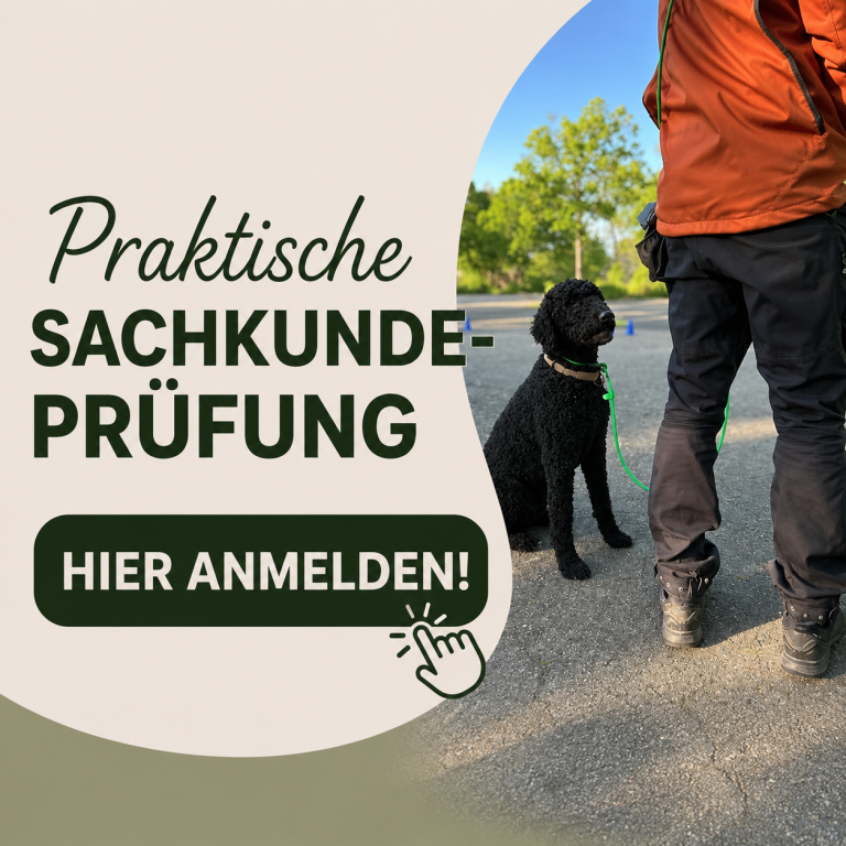 Hund sitzt neben einem Menschen, der einen Anmeldelink für eine Prüfung zeigt.