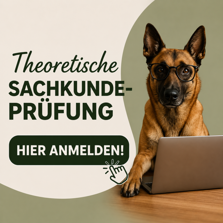 Hund sitzt vor einem Laptop, darunter der Text: „Theoretische Sachkundeprüfung hier anmelden!“