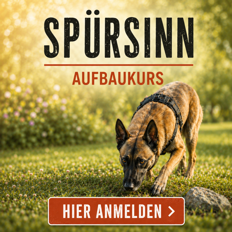 Hund schnüffelt auf einer grünen Wiese, Umgeben von Blumen, mit Kursinformationen.
